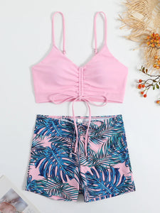 Tropical Print Drawstring Bikini