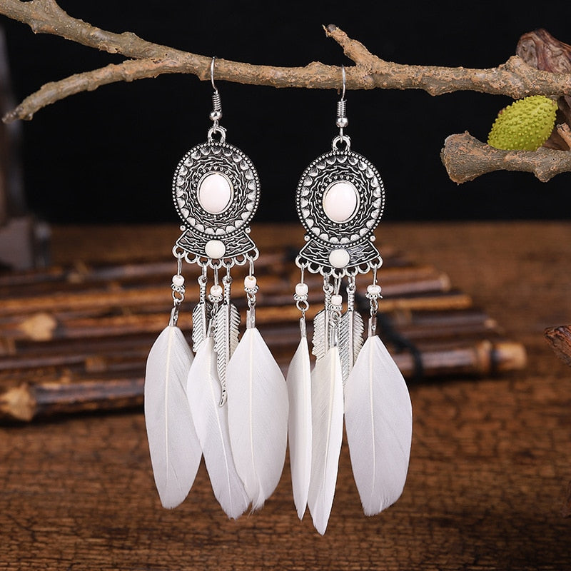 Bohemian White Series Feather Earrings