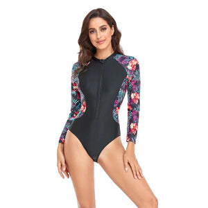 Sleeved Printed One Piece Swimsuit