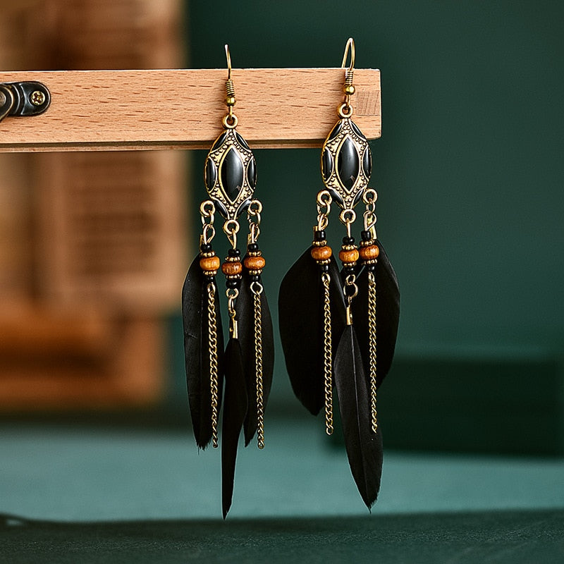 Bohemian Feather Chain Tassel Earrings