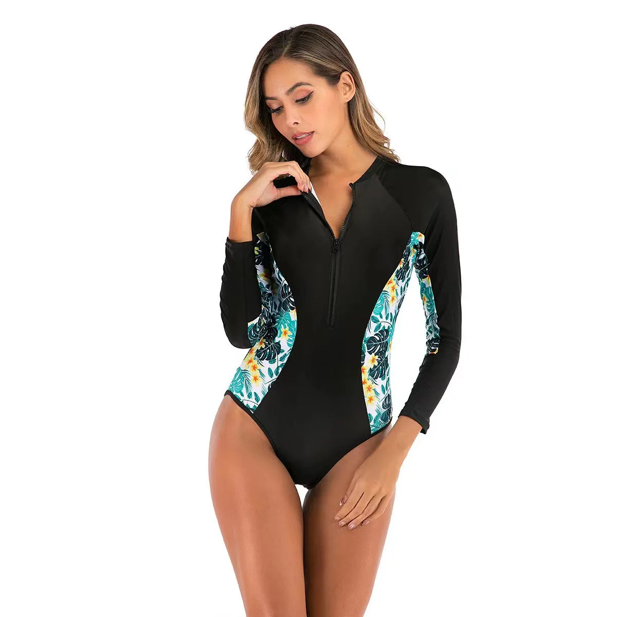 Sleeved Printed One Piece Swimsuit