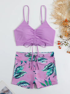 Tropical Print Drawstring Bikini