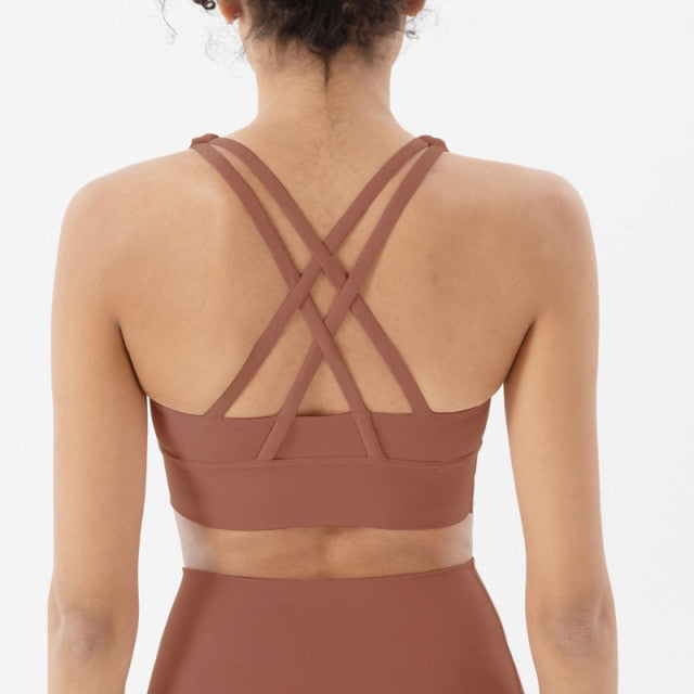 Soft Nude Sports Yoga Crop Top with Cross back