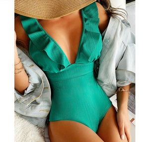 One Piece Ruffle Ribbed Swimsuit