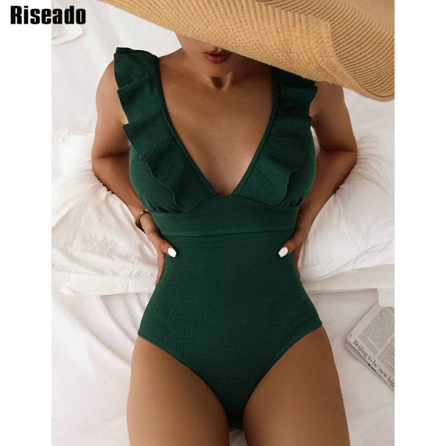 One Piece Ruffle Ribbed Swimsuit
