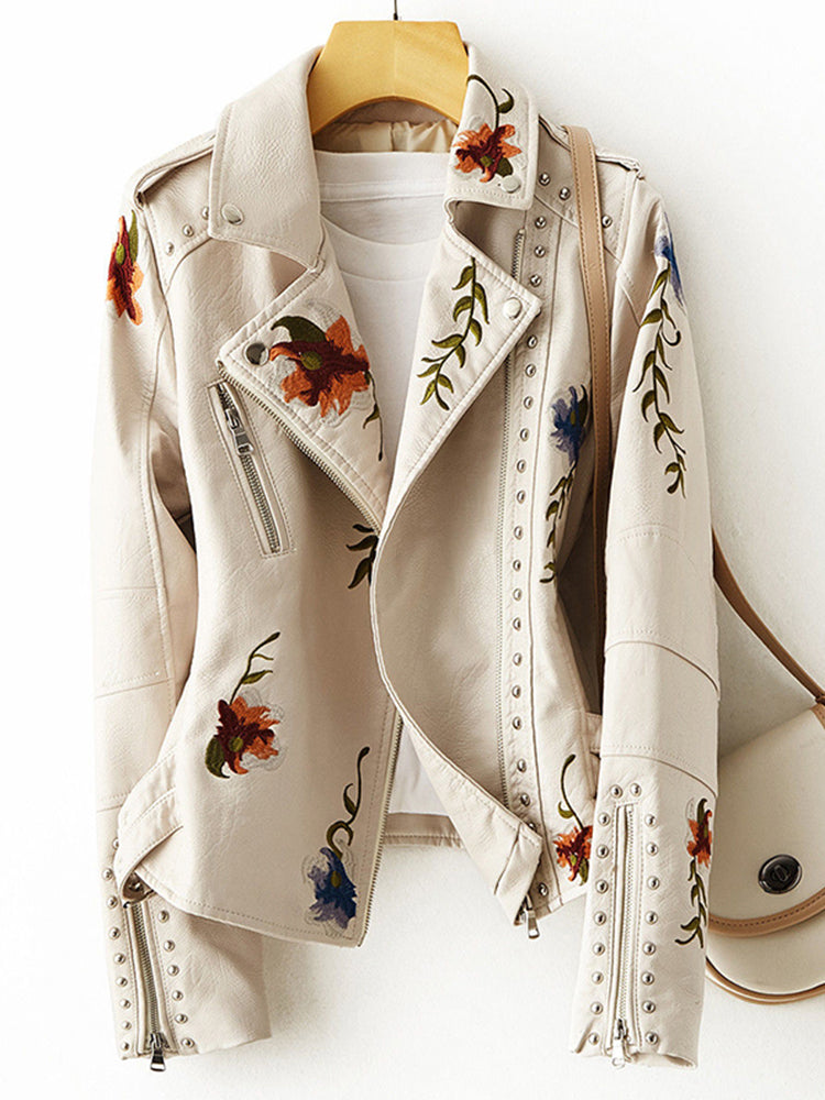 Women's Retro Floral Print Faux Leather Jacket